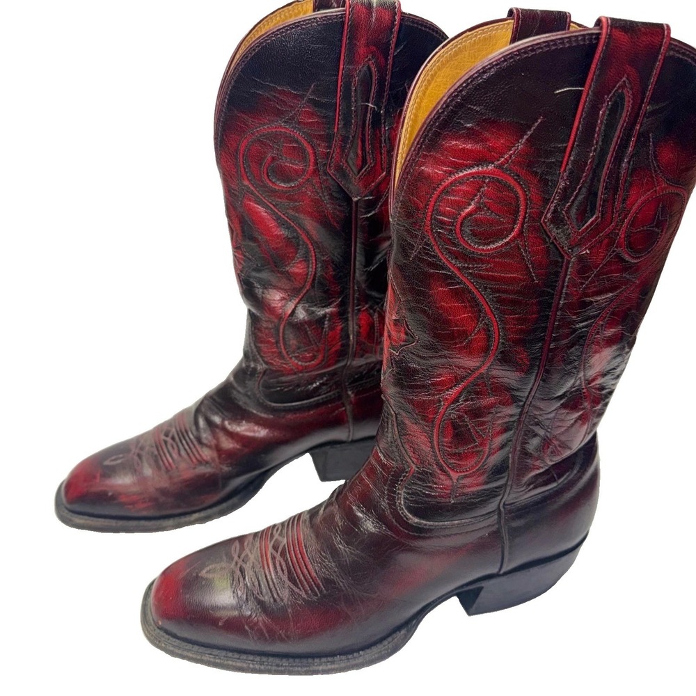 Hondo Boots Western Cowboy Mens 11.5 D Black Cherry Red Leather Stitched 3000